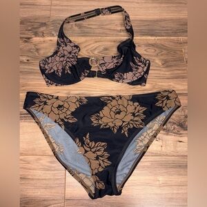 Swim systems vintage black brown floral bikini 36D/14 FLAWED